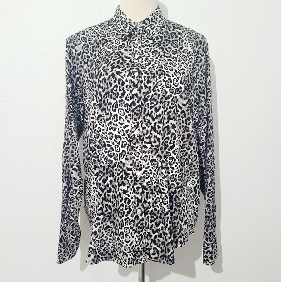 Chaps Women’s XL Button Front Shirt Leopard Animal Print 100% Cotton Long Sleeve - Picture 1 of 11
